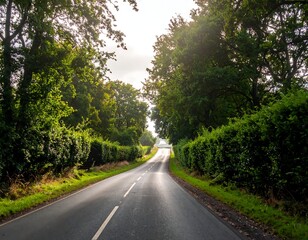 Fototapeta premium Winding asphalt road through a verdant, sunlit tree-lined lane