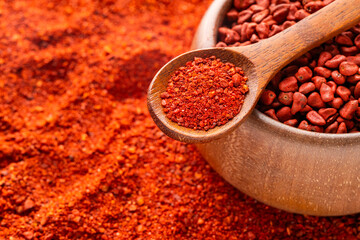 Organic red annatto seeds in spoon and bowl - Bixa Orellana