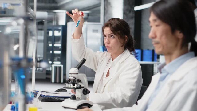Woman in modern laboratory using colorful liquids in glassware, testing for chemical reactions. Research facility professional looks at reagents vials, measuring solution stability, camera B