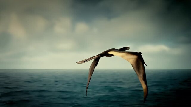 A vivid portrayal of a pterodactyl in flight over a vast expanse of water, with a dramatic sky overhead. The bird is captured in a side profile.