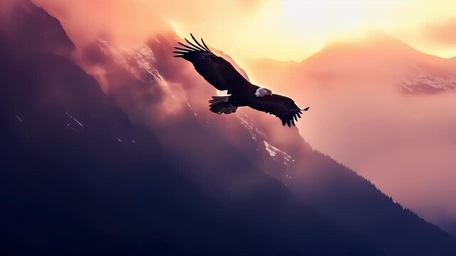A vivid, highresolution digital artwork of a majestic eagle soaring through the sky during sunset. The eagle is captured in a side profile, with its wings spread wide.