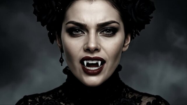 Gothic Vampire Woman with Black Roses in Her Hair Revealing Fangs Close-Up
