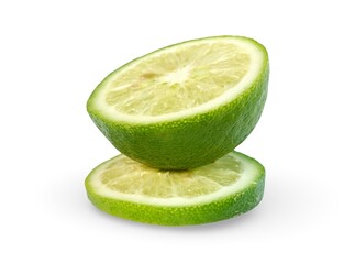 Creative arrangement of one lime half and two separate slices, showcasing the fresh pulp, isolated on white.