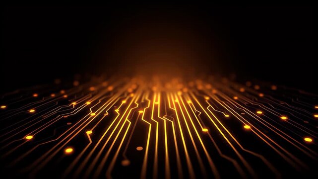 Abstract technology background with glowing orange circuit patterns. - Powered by Adobe