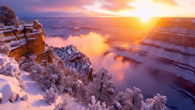 A breathtaking winter landscape captured during sunset. The sun casts a warm, golden hue over the snowcovered cliffs and valleys. The sky is painted with a gradient of colors.