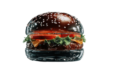 On a transparent background. Delicious appetizing burger. Exotic food. Image for designers, marketers and IT. Popular illustration, object. Sphere of trade, economy, sales.