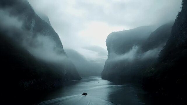 A serene, misty river scene with a lone boat on the water. The style is atmospheric, with a focus on the interplay of light and shadow.