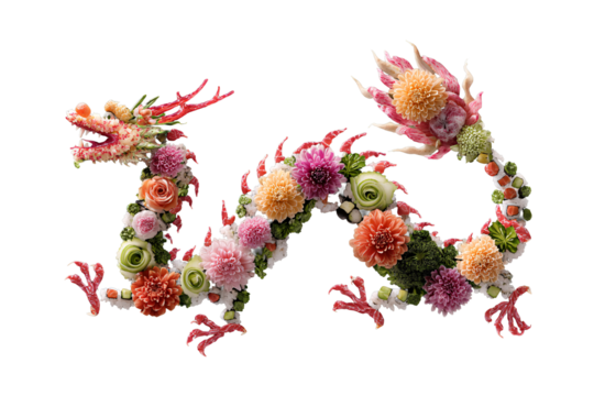 Dragon with delicious appetizing sushi, rolls. On a transparent background. Exotic food. Image for designers, marketers and IT. Popular illustration, object. Sphere of trade, economy, sales.