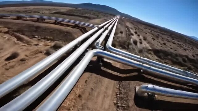 Long pipelines stretch across a dry arid landscape under a clear blue sky