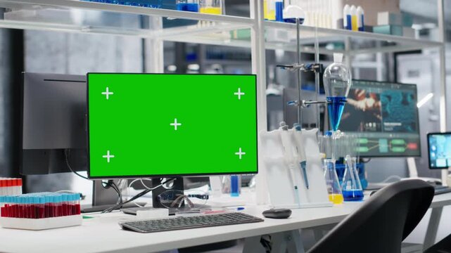 Isolated screen computer monitor in modern laboratory used for molecular analysis research. Chroma key PC display in medical research facility lab used for DNA data comparison, zoom out shot