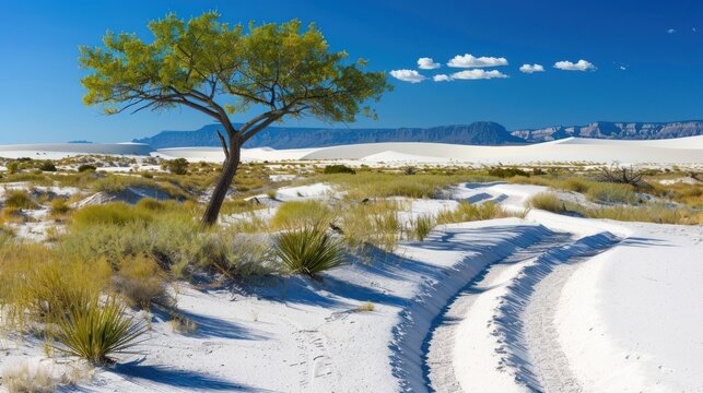 Desert Landscape with Single Green Tree and White Sand Dunes Under Bright Blue Sky