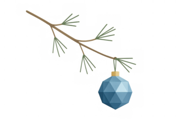 Low poly blue faceted christmas ornament hanging from a pine branch, ideal for winter holiday designs and festive season