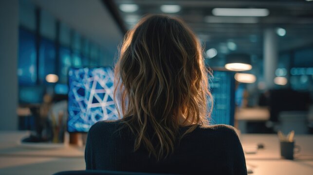 Businesswoman Working Late at Computer in Modern Office with Abstract Data Display
