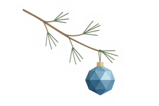 Low poly blue faceted christmas ornament hanging from a pine branch, ideal for winter holiday designs and festive season