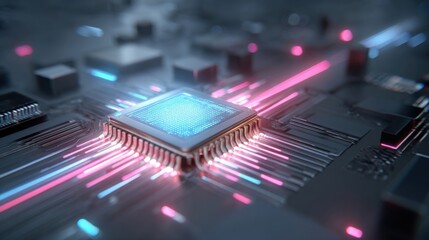 Advanced Microchip Technology with Light Trails, High-Tech Concept, Neural Network and Quantum Computing