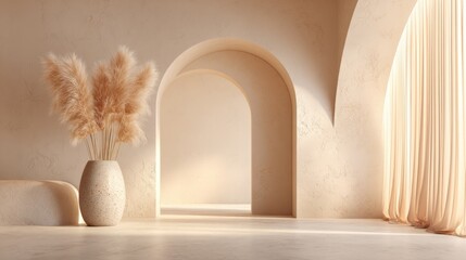 Elegant Interior Scene with Archways, Pampas Grass, and Soft Lighting for Home Decor Presentations