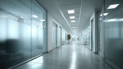 Obraz premium Modern Office Interior with Glass Walls and a Long Hallway, Featuring Clean Lines and Natural Light