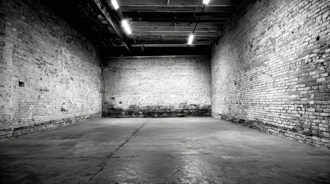 Grungy Industrial Interior: Black and White Empty Space with Brick Walls and Concrete Floor - Powered by Adobe