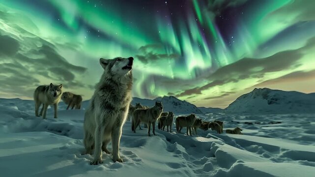 A vivid portrayal of a wolf in a snowy landscape, with the aurora borealis in the background. The wolf is depicted in a side profile, with its head raised, eyes focused, and mouth open.