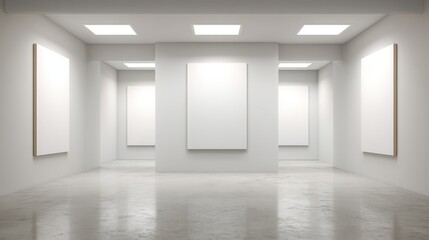 Fototapeta premium Bright Modern Art Gallery Interior with Blank Canvas Frames for Exhibition Mockup