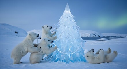 Polar bears play around a large ice sculpture in a snowy Arctic landscape under a serene aurora-lit sky