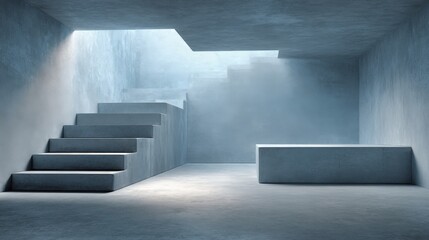 Fototapeta premium Minimalist Interior with Concrete Staircase and Natural Light, Modern Architecture Design for Gallery or Showroom