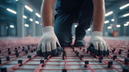 Installation of Underfloor Heating System with Worker Kneeling, Ensuring Proper Placement and Alignment, Construction Site