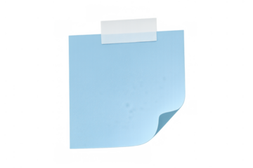 Blue sticky note blank paper pad with transparent masking tape. Reminder, message, and memo concept with empty space