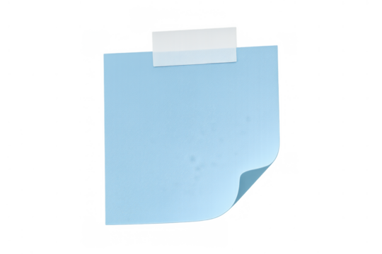 Blue sticky note blank paper pad with transparent masking tape. Reminder, message, and memo concept with empty space