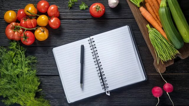 Fresh vegetables and tomatoes arranged around an open notebook with a pen on a wooden table