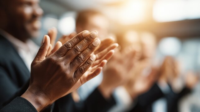 Appreciative business team clapping hands in office, celebrating success, showing appreciation, recognition, positive feedback