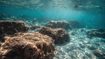 Underwater Rocky Landscape with Sunlight Filtering Through the Clear Blue Water, Showing Depth and Serenity