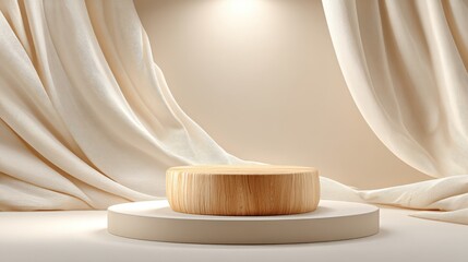 Elegant Display Podium with Cream Drapes, Perfect for Product Showcase and Minimalist Design Concepts