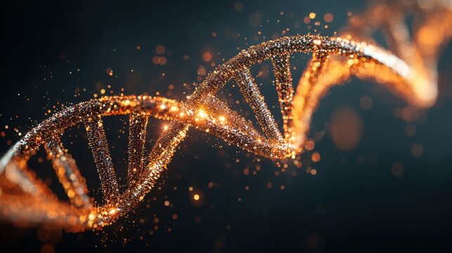 Golden DNA strand with shining particles, depicting genetics, biology, science, and genetic engineering concepts