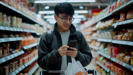 A young man is shopping in a grocery store, using his smartphone. He is wearing glasses, a gray hoodie, and a backpack. The stores shelves are stocked with various products. - Powered by Adobe