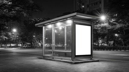 Blank Advertisement Billboard Mockup at City Bus Stop Shelter at Night in Black and White