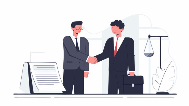 Business partners celebrating a successful agreement with a handshake. A signed contract and scales of justice symbolize a fair and professional legal deal