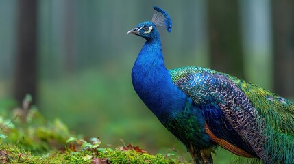 Majestic Peacock Portrait in Verdant Forest: A Captivating Display of Nature's Beauty and Vibrant Plumage