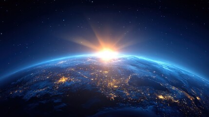 Fototapeta premium Earth Sunrise From Space With City Lights Illuminating The Surface and Beautiful Blue Atmosphere