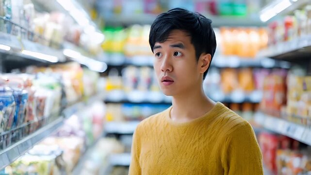 A young man in a yellow sweater stands in a grocery store aisle, his gaze directed towards the camera. The stores shelves are stocked with various products.