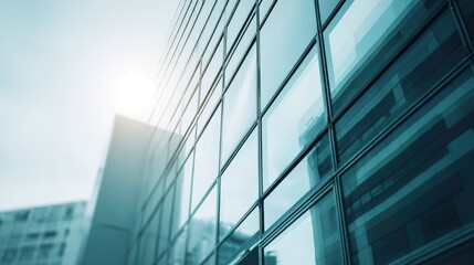 Obraz premium Modern Corporate Building Facade with Glass Windows Reflecting Sky and Sunlight, Representing Business and Innovation