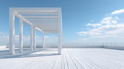 Obraz premium Modern White Pergola on a Deck with Blue Sky: Minimalist Outdoor Architecture Design