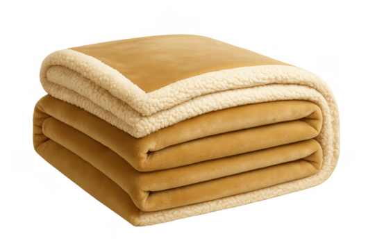 Folded yellow sherpa fleece blanket with cream trim