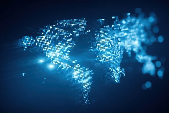 Abstract World Map of Glowing Pixels on Dark Blue Background for Technological Visualization