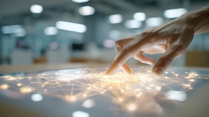 Human hand interacting with advanced digital interface, data network and futuristic technology concept