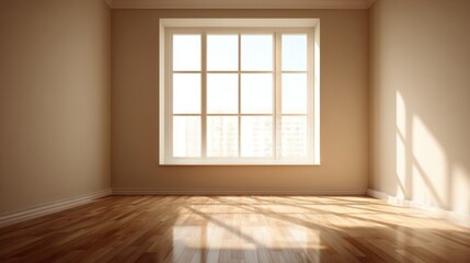 Fototapeta premium Bright Empty Room with Large Window and Hardwood Floor, Ideal for Interior Design Mockups and Renovations