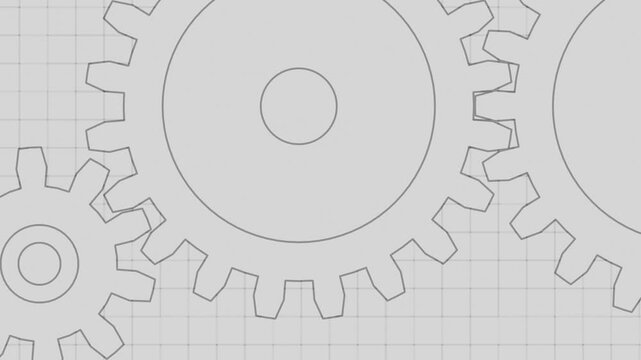 Light Grey Technical Drawing of Interacting Gears on Grid Paper Background
