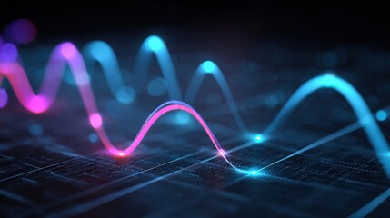 Abstract Visualization of Data Stream: Blue and Pink Glowing Waveforms on a Dark Grid