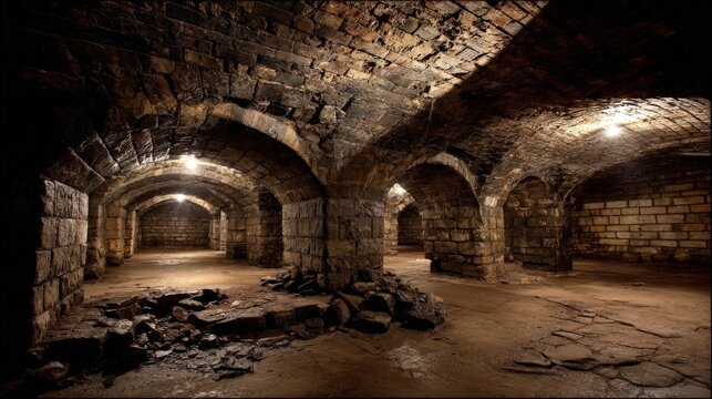 Atmospheric Stone Cellar with Arched Ceilings, Vaults, and Mysterious Illumination, Ideal for Historical or Fantasy Projects