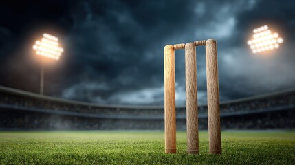 Dramatic Cricket Wickets on Pitch Under Stadium Lights, Evoking Competition and Anticipation